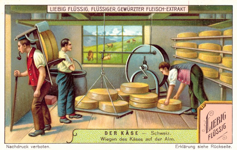 Veier sveitsiske oster på et alpint meieri (chromolitho) av European School
