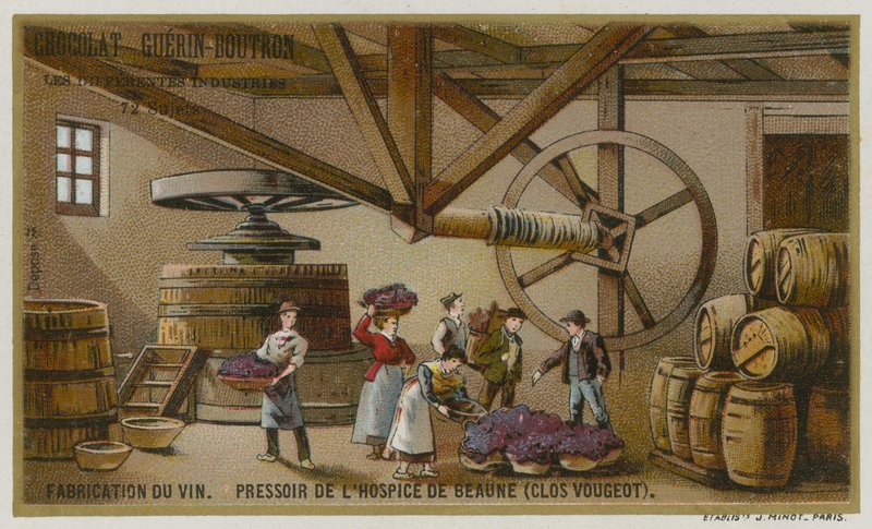 Vinproduksjon: vinpresse fra Hospices de Beaune, Clos de Vougeot, Burgund, Frankrike av European School
