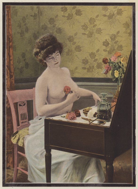 Kvinne foran speilet (farge litho) av European School
