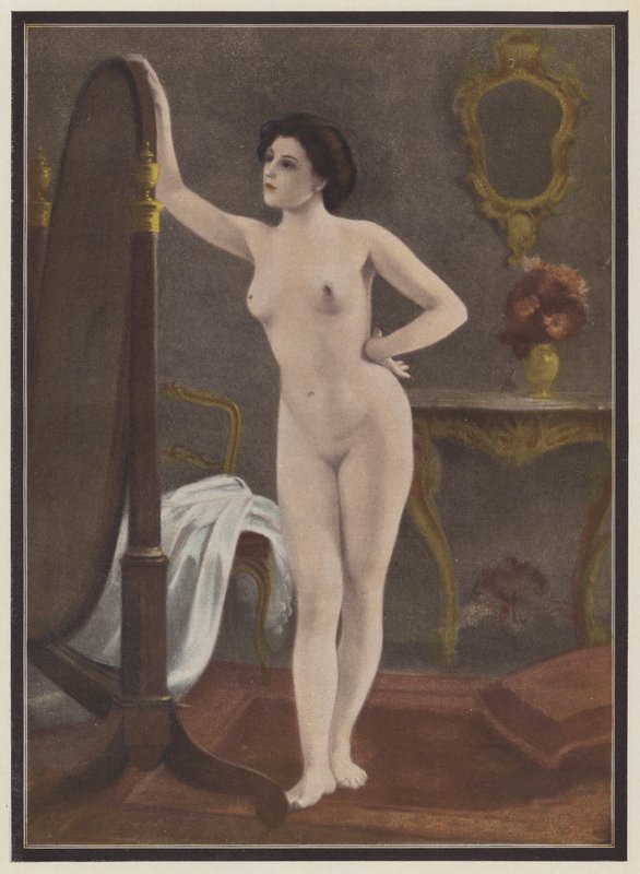 Kvinne foran speilet (farge litho) av European School