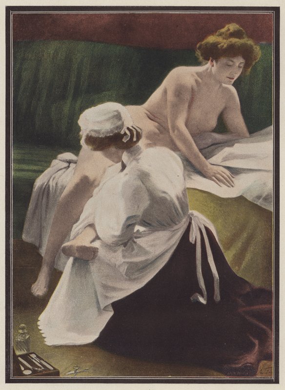 Kvinne blir tørket av hushjelpen (farge litho) av European School