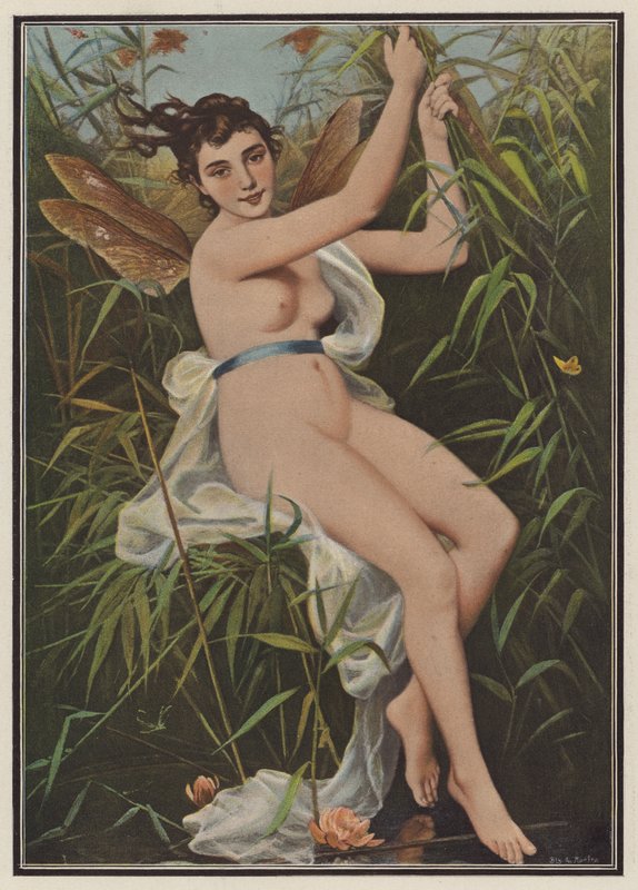 Kvinne kledd som øyenstikker (farge litho) av European School