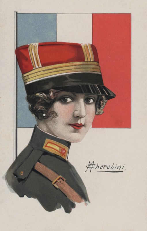 Kvinne i uniform, Frankrike (fargelitografi) av European School