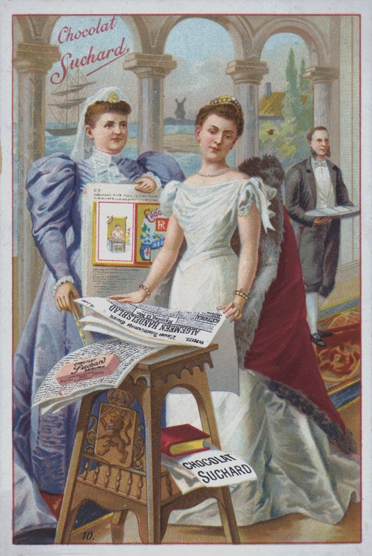 Kvinne med en avis, annonse for Suchard-sjokolade (chromolitho) av European School