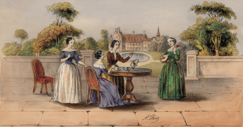 Kvinner som drikker te eller kaffe i hagen til et landsted (farge litho) av European School