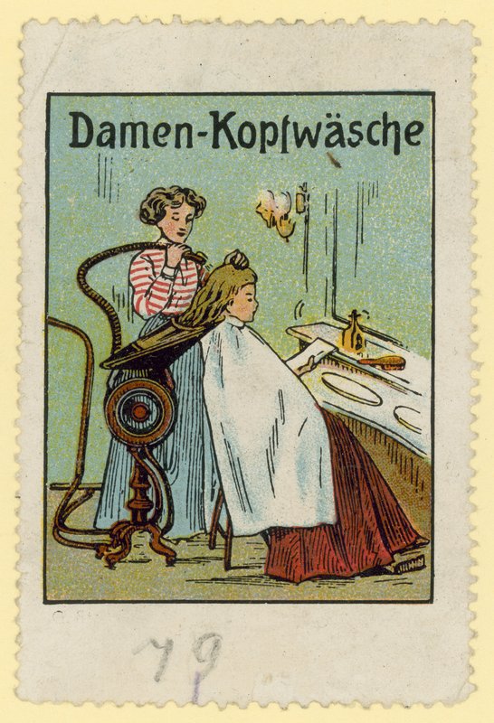 Hårvaskemaskin for kvinner (fargelitografi) av European School