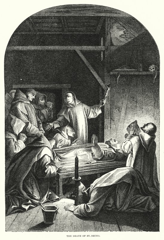 The Death of St Bruno (gravering) av Eustache (after) Le Sueur