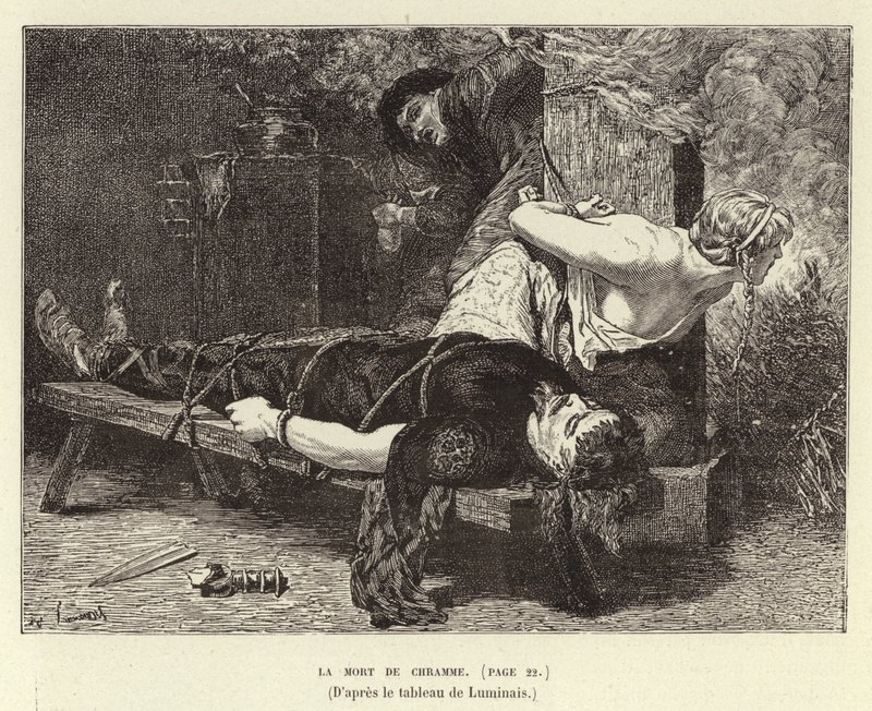 La Mort de Chramme. Døden til Chram, sønn av Chlothar I, kongen av frankerne, 561 (gravering) av Evariste Vital Luminais