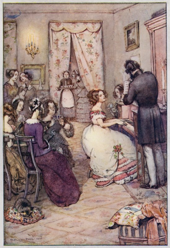 Illustrasjon for Cranford av fru Gaskell (litho-farge) av Evelyn Paul