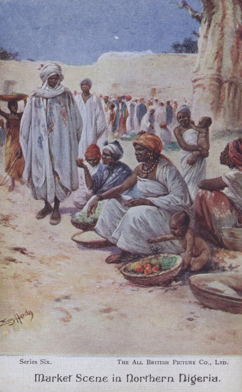 Markedsscene i Nord-Algeria (farge litho) av Evelyn Stuart Hardy