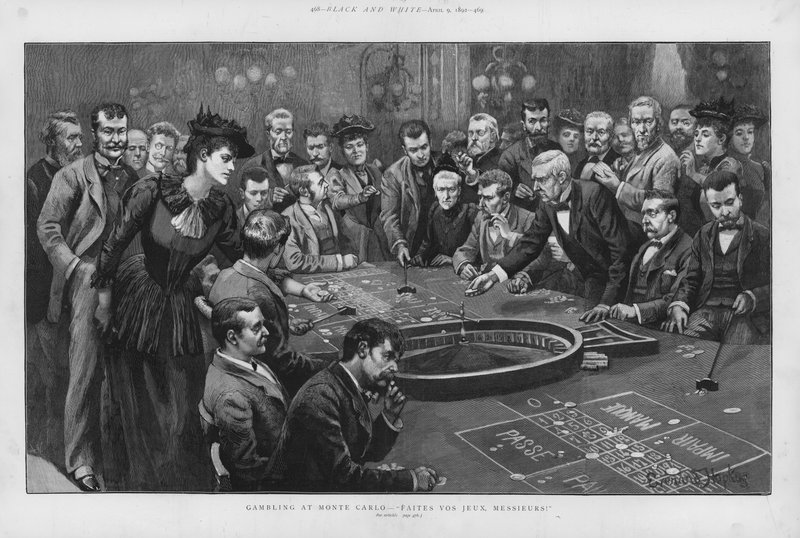 Gambling ved et rulettbord i kasinoet i Monte Carlo, Monaco (litho) av Everard Hopkins