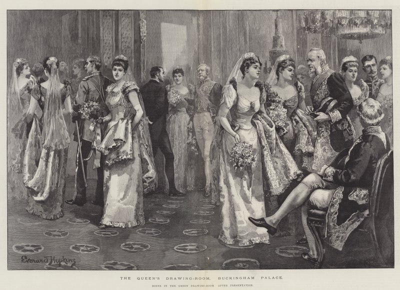 Dronningens tegnestue, Buckingham Palace, scene i den grønne salen etter presentasjon av Everard Hopkins