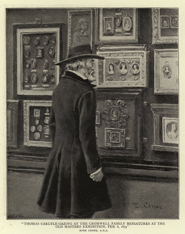 Thomas Carlyle ser på Cromwell Family Miniatures på Old Masters Exhibition, 6. februar 1879 av Eyre Crowe