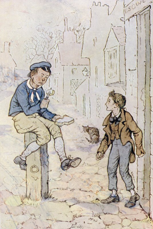 Illustrasjon for Oliver Twist (farge litho) av F. M. B. Blaikie