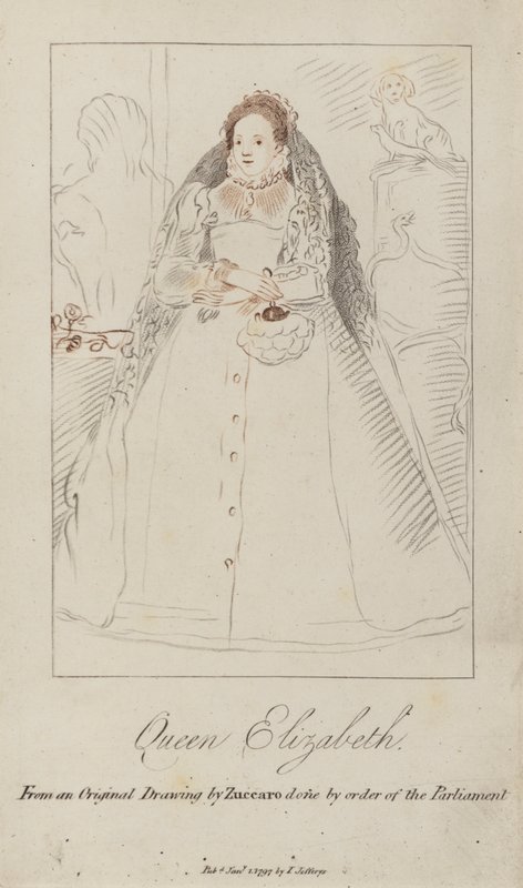 Dronning Elizabeth I (farget gravering) av Federico (after) Zuccari or Zuccaro