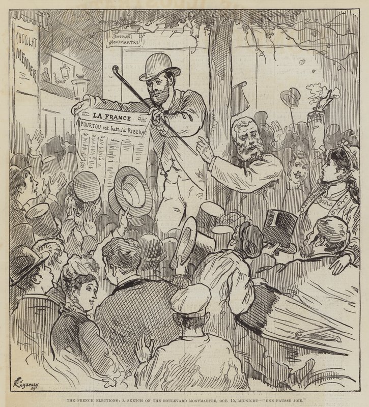 De franske valgene, en skisse på Boulevard Montmartre, 15. oktober, midnatt, Une Fausse Joie av Felix Regamey