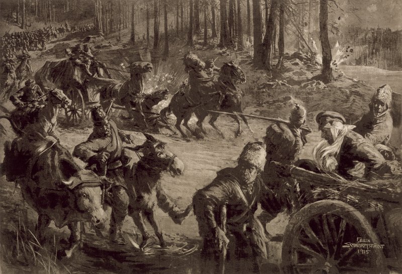 Tyske tropper med krigsbytte og fanger og fanget storfe av Felix Schwormstadt