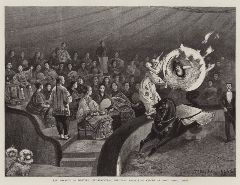 The Advance of the Western Civilization, et europeisk reisesirkus i Hong Kong, Kina av Felix Hippolyte Lucas