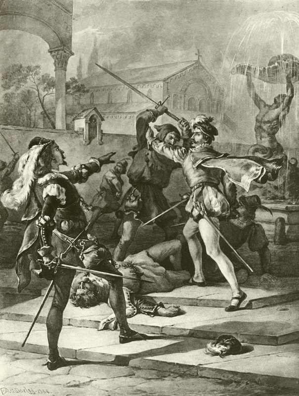 Romeo og Julie. Akt I-Scene I (dyptrykk) av Felix Octavius Carr Darley