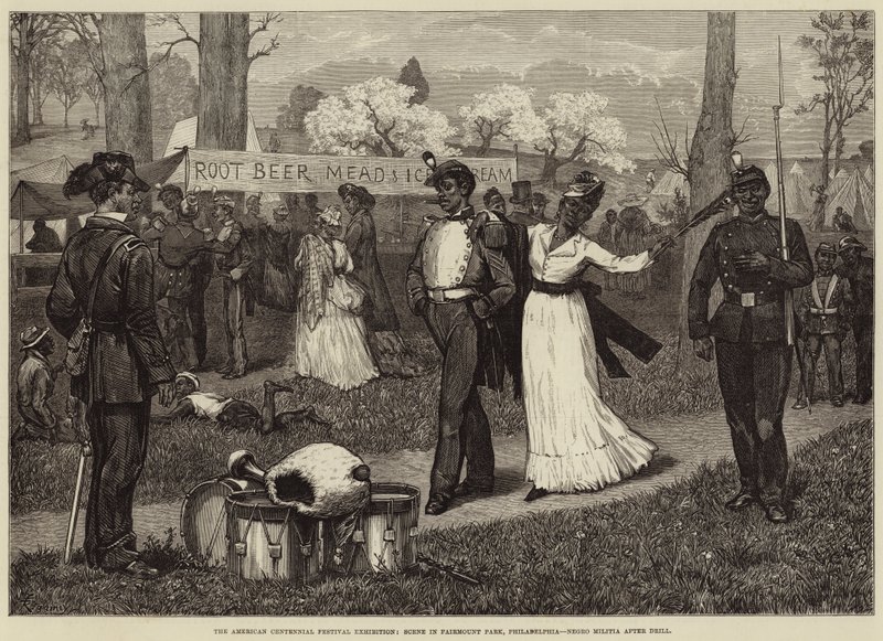 The American Centennial Festival Exhibition, Scene i Fairmount Park, Philadelphia, Negro Militia after Drill av Felix Regamey