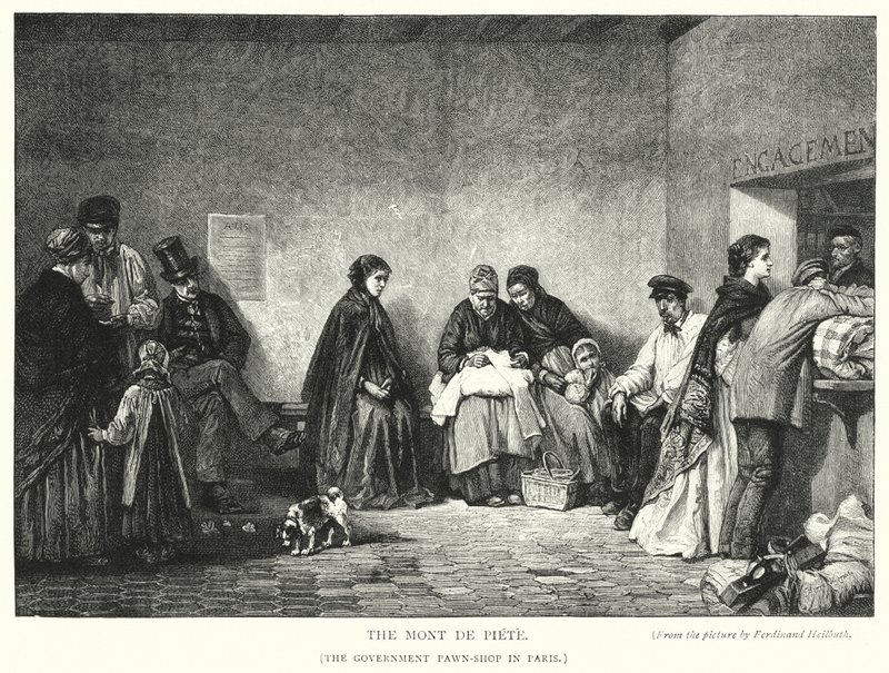 Mont de Piete, regjeringens pantelånerbutikk i Paris (gravering) av Ferdinand (after) Heilbuth
