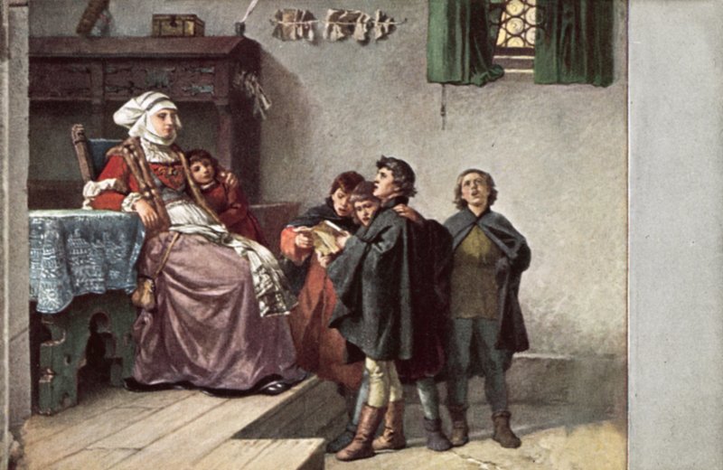 Martin Luther sang for Frau Cotta da han var student i Eisenach, Tyskland, 1499 av Ferdinand Wilhelm Pauwels