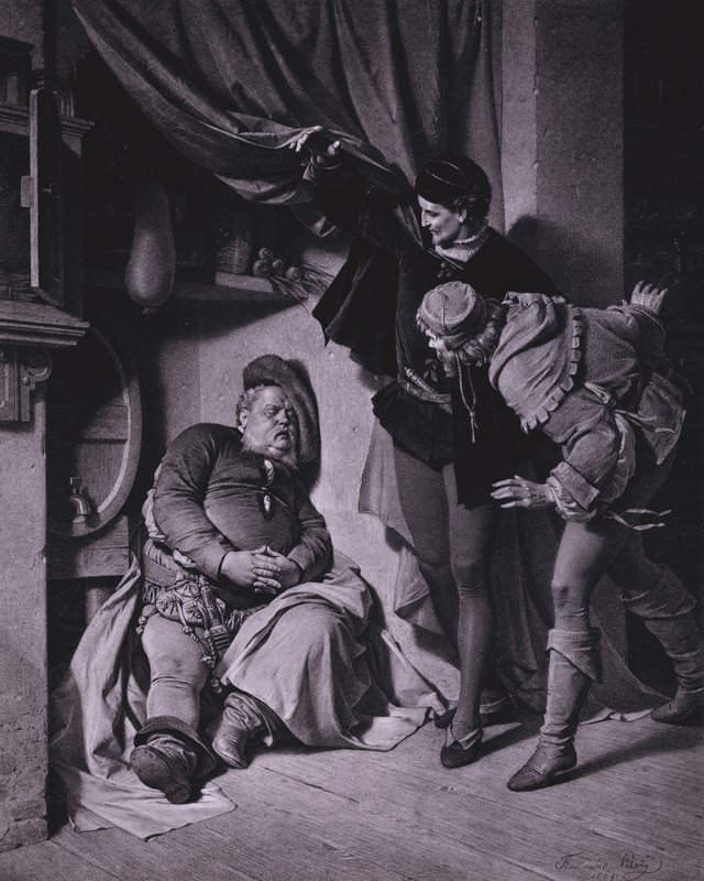 Scene fra Shakespeares kong Henry IV, del 1 (akt II, scene 4) (litho) av Ferdinand the Elder Piloty