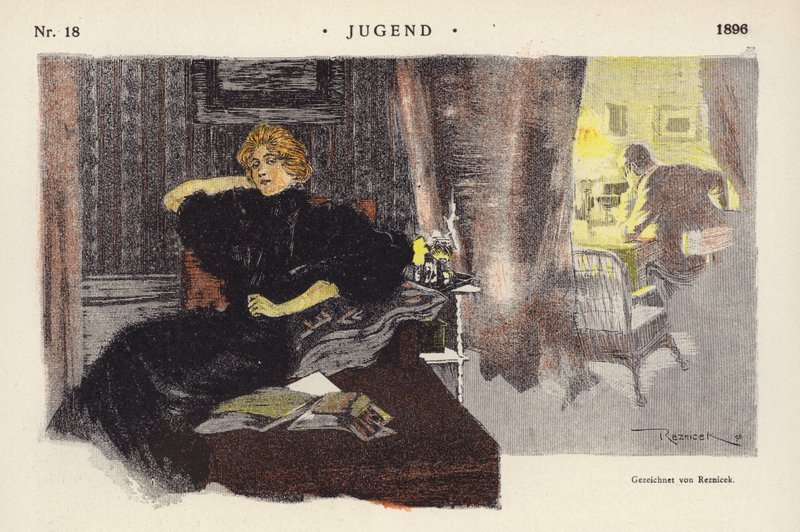 Kvinne hjemme om kvelden (farge litho) av Ferdinand von Reznicek