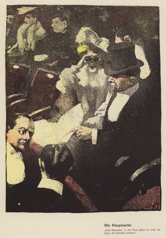 Kvinne ser gjennom et par operabriller på teatret (farge litho) av Ferdinand von Reznicek