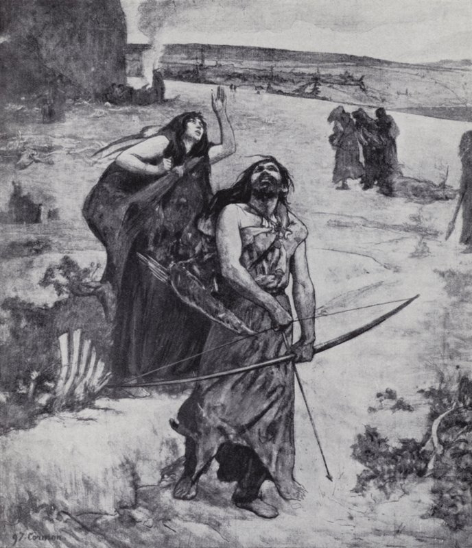 Istidsmann lærer å jakte med pil og bue (litho) av Fernand (after) Cormon