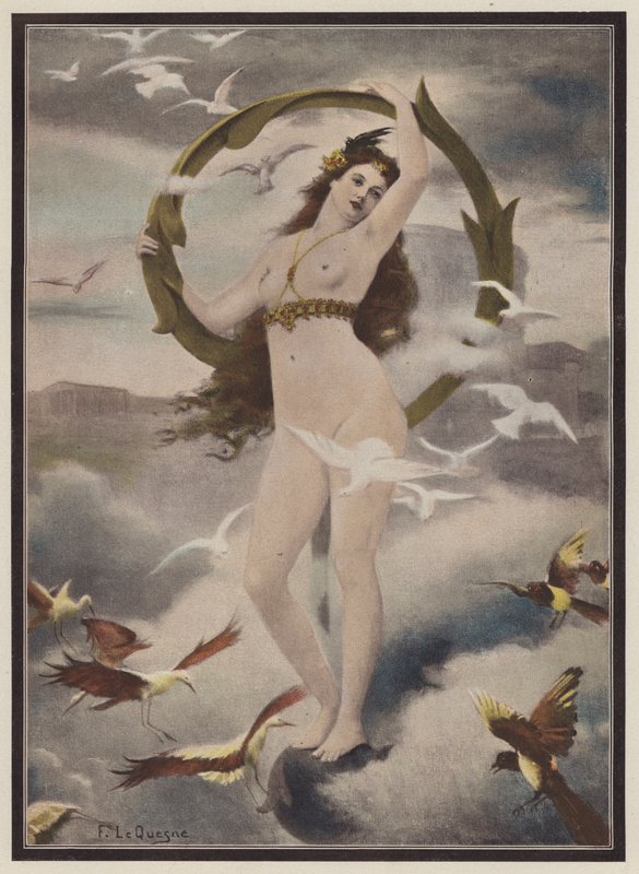 Kvinne omgitt av fugler (farge litho) av Fernand Le Quesne