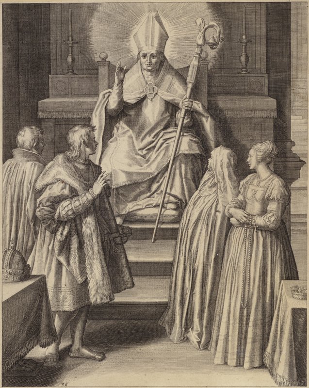 En skikkelse i bispeklær sitter tronet med en glorie som kommer fra hodet hans av Flemish School