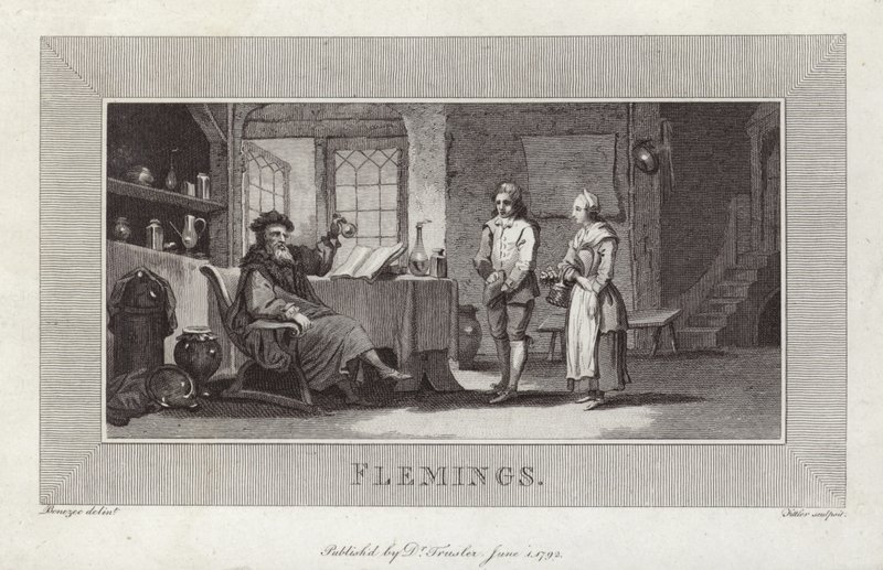 Flemings. Gravering av tjenere og mester. av Flemish School