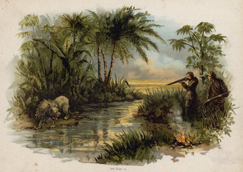 Scene fra Den sveitsiske familien Robinson: jakt på løven (chromolitho) av Florence Maplestone