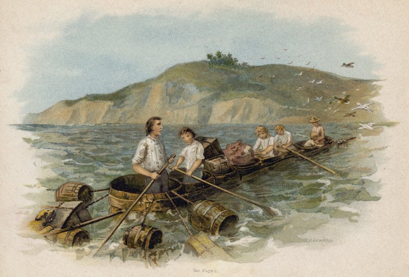Scene fra den sveitsiske familien Robinson: nærmer seg land i badekarbåten (chromolitho) av Florence Maplestone