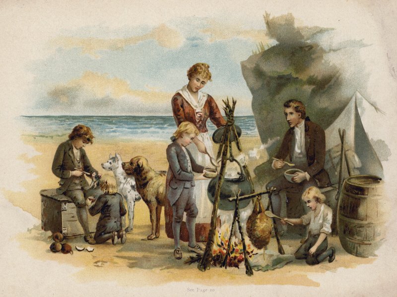 Scene fra The Swiss Family Robinson: kveldsmattid etter den første ekspedisjonen (chromolitho) av Florence Maplestone
