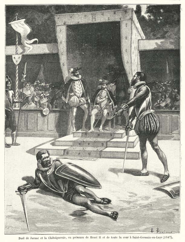 Duell mellom Guy Cabot de Jarnac og Francois de Vivonne, Seigneur de la Chataigneraie foran kong Henry II av Frankrike og hele hoffet hans ved St Germain-en-Laye av Fortune Louis Meaulle