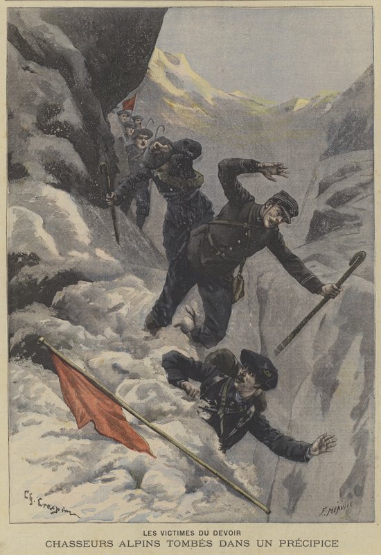 Franske Chasseurs Alpins fjelltropper faller over et stup av Fortune Louis Meaulle