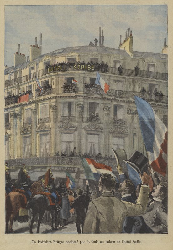 Paul Kruger, tidligere president i Transvaal, på balkongen til Hotel Scribe i Paris, mottok anerkjennelse fra publikum av Fortune Louis Meaulle
