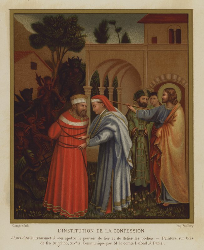 Bekjennelsens institusjon (farge litho) av Fra (after) Angelico