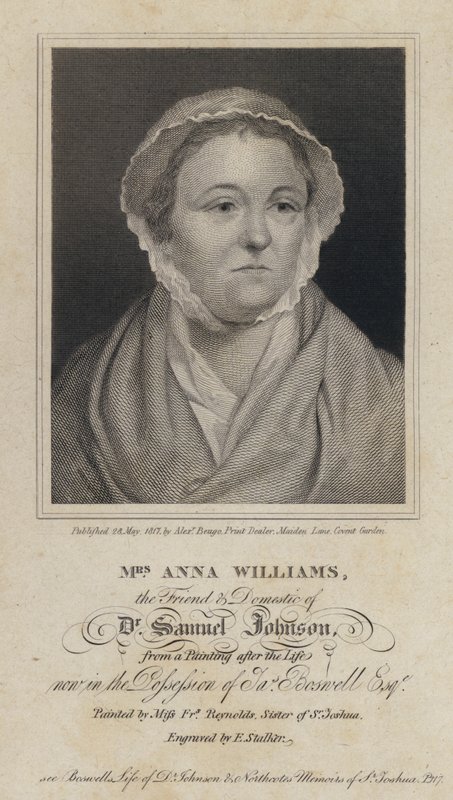 Anna Williams , walisisk poet og venn av den engelske forfatteren Samuel Johnson (gravering) av Frances (after) Reynolds