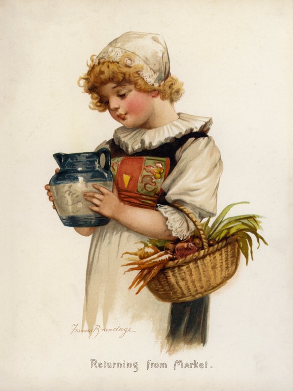 Jenter: Kommer tilbake fra markedet (farge litho) av Frances Brundage