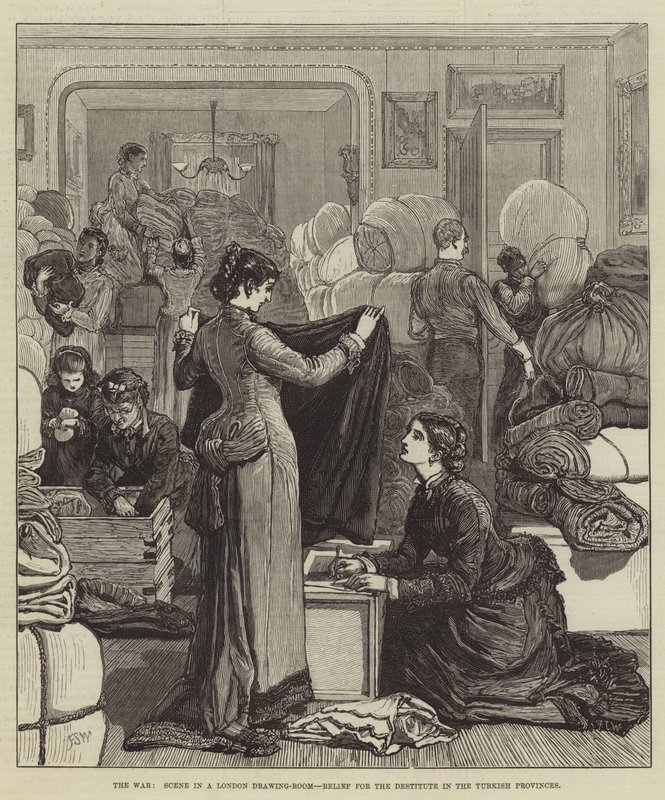 The War, Scene in a London Drawing-Room, Relief for the fattige i de tyrkiske provinsene av Francis S. Walker