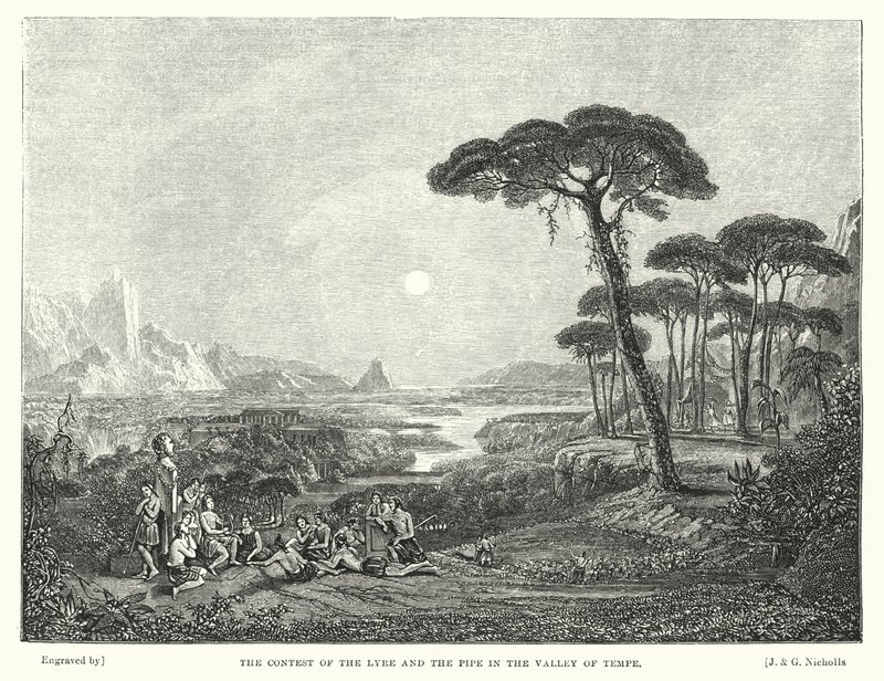 Konkurransen om lyren og røret i Tempe-dalen (gravering) av Francis (after) Danby