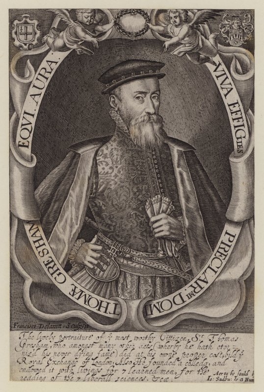 Sir Thomas Gresham , engelsk kjøpmann og finansmann, grunnlegger av Royal Exchange (gravering) av Francis (after) Delaram