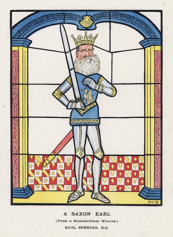 En saksisk jarl, fra et glassmaleri, Earl Spencer (farge litho) av Francis Carruthers Gould