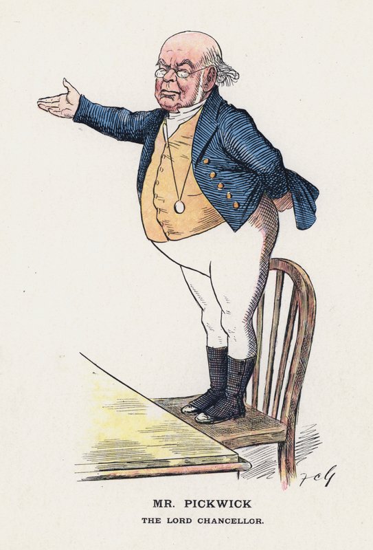 Mr Pickwick, Lord Chancellor (farge litho) av Francis Carruthers Gould