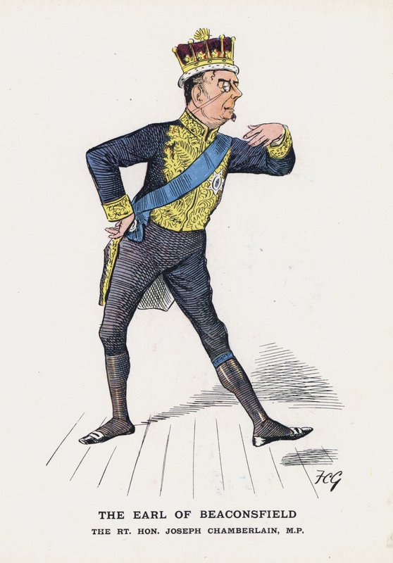 The Earl of Beaconsfield, The Rt Hon Joseph Chamberlain (farge litho) av Francis Carruthers Gould