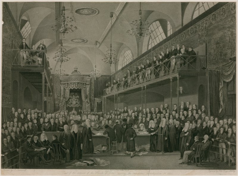 Interiør av House of Lords, Westminster, London, under den viktige etterforskningen i 1820 av Francis Phillip Stephanoff