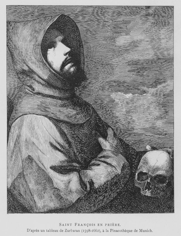 Den hellige Frans av Assisi i bønn (litho) av Francisco de (after) Zurbaran